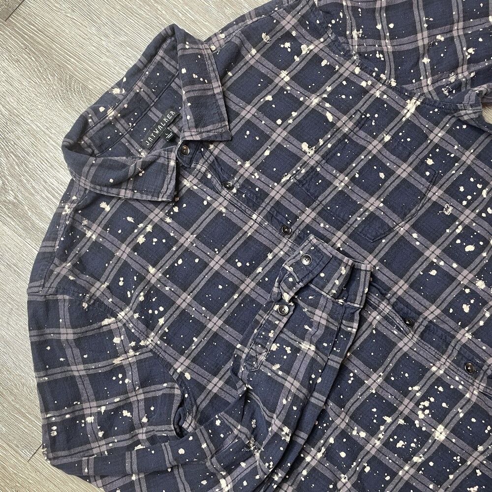 Jaywalker Men's Shirt Black Bleach-Splatter Plaid Cotton Size L